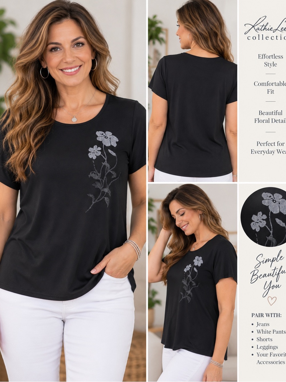 Kathie Lee Collection Black Short-Sleeve Floral Accent Top, Large